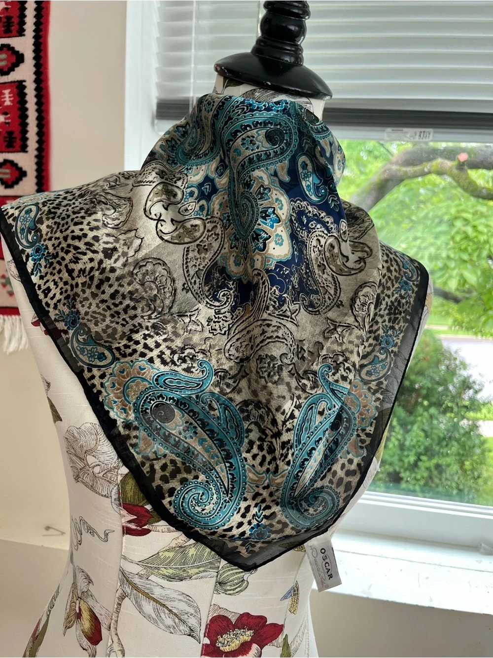 Oscar de la Renta Teal, Navy and Cream Paisley Silk Scarf